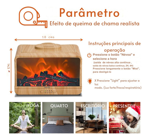 Umidificador E Difusor De Aroma Lareira, P/ Óleos Essnciais