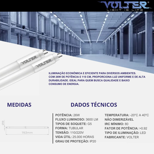 Lâmpada Led Tubular Volter 26w T5 115cm G5 127/220V Branco Frio 6500k 3900lm 127/220V