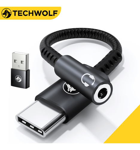 Adaptador Audio Usb C A Audifonos 3.5 Mm, Techwolf Cable De Audio Tipo C A 3,5 Mm Chip Dac Convertidor De Auriculares Auxiliar Tipo C De 3,5mm Color Negro