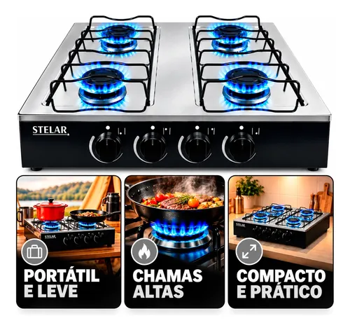 Fogao Cooktop Stelar 4 Q Portatil De Mesa A Gas Inox Monaco