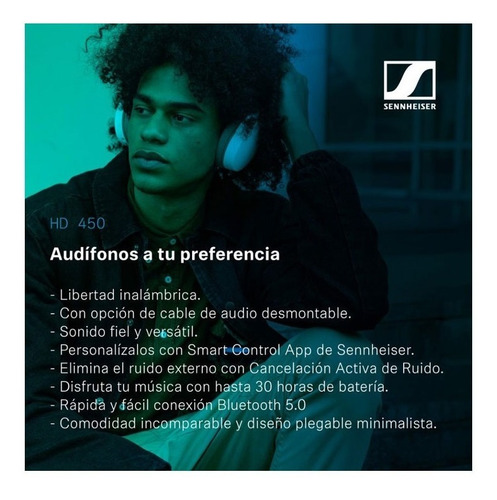 Imagen 2 de 5 de Audifonos Sennheiser Hd 450 Over Ear Bluetooth Nc