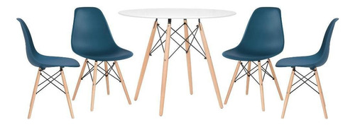 Kit Jantar Cozinha Eames Wood Mesa 90 Cm  4 Cadeiras Dsw Tampa Mesa Branco Com Cadeiras Azul Petróleo