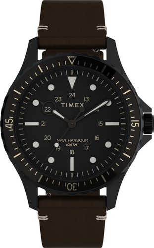 Reloj Timex Hombre Tw2v45400 Cuero Marron Navi Harbour 100m Color del bisel Negro Color del fondo Negro