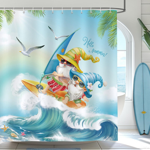 Cortina De Ducha Verano Surf Gnomes Océano Azul Ola Cortina