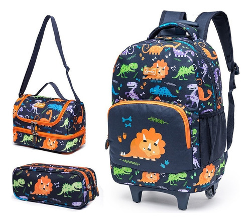 Mochila De Rodinhas C/ Lancheira Estojo Infantil Escolar Cor Azul/verde Dino