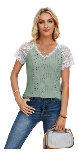 Camiseta Informal Con Cuello En V Y Panel Encaje Con Ojales