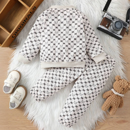 Conjunto De Sudadera Bebé Con Estampado De Cuadros Y Osito Caqui 2-3 A