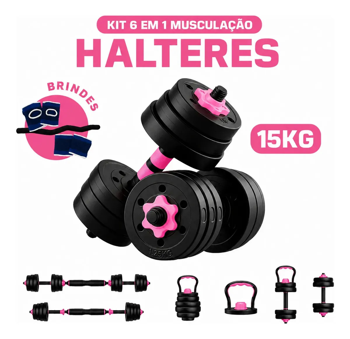 Kit Halteres 6 Em 1 15kg Musculação Ajustável Halter Kettlebell Barra Anilha Pluggei Select Pluggfit Kh01 Cor Rosa