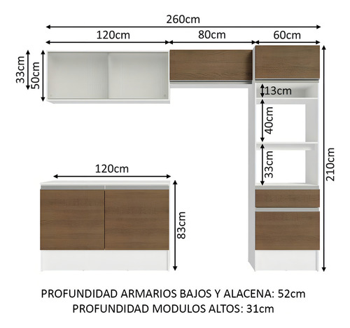 Cocina Integral Completa Modular Madesa Topazio 260cm Color Blanco/Marrón