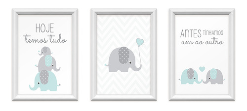 Kit 3 Quadros Decorativos Familia Elefantes 24x34cm Infantil Cor Azul Cor da armação Branco