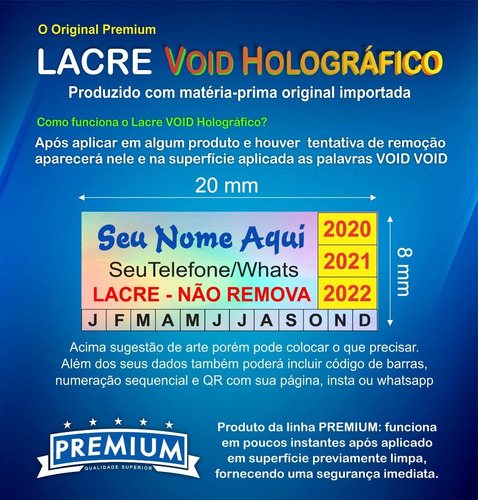 Lacre Void Holográfico Premium Personalizad 20x8mm 105un Cor
