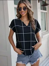 Comprar Shein Clasi Blusa Estampado De Cuadros De Cuello Notch