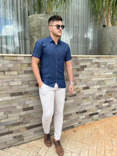 Imagem 8 de 9 de Camisa Jeans Premium Masculina Slim Manga Curta Promoção