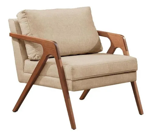Sillón decorativo de lujo Mona, diseño de tela de madera maciza, color beige y lino