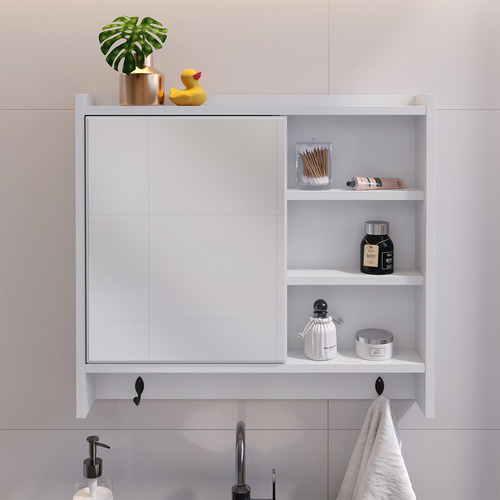 Armário Banheiro Com Espelheira 1 Porta 5 Prateleiras Genova Moldura Branco