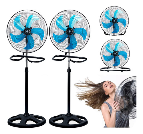 2pcs Ventilador Pedestal Pared Piso Turbo 3 En 1 Silencioso Cantidad De Aspas 5 Estructura Azul Acero Aspas Azul Diámetro 45 Cm Frecuencia 60 Material De Las Aspas Metal