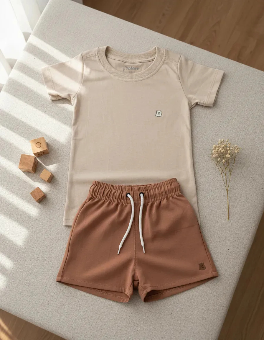 Conjunto Liso Infantil Para Meninos Camisa + Short Tactel Cor Moca Tamanho G (3-4 Anos)