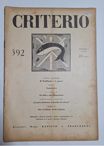 Antigua Revista Criterio 1935 Setiembre N°392 Religión Le412