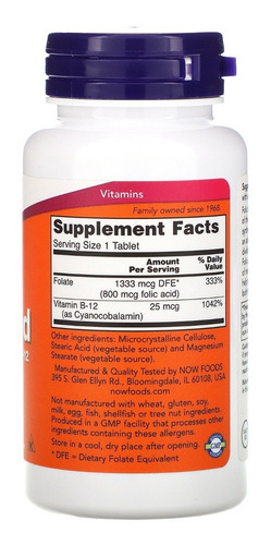 2x Acido Fólico Com Vitamina B12 Now Foods 250 Tabletes
