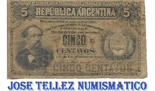 Billete  Fraccionario 5 Centavos 1884 Col 007a B- Palermo