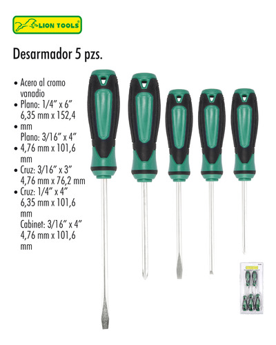 Kit Desarmadores Lion Tool 5 Pz Plano Cruz Cabinet Verde