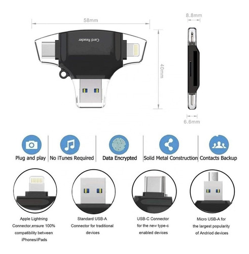 Imagen 2 de 5 de Adaptador 4 En 1 Lector Tarjetas Sd/tf Usb/micro/c/lightning