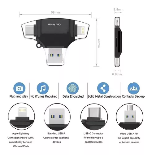 Adaptador Lightning Usb C iPhone Micro Usb 2.0 Tarjeta Sd