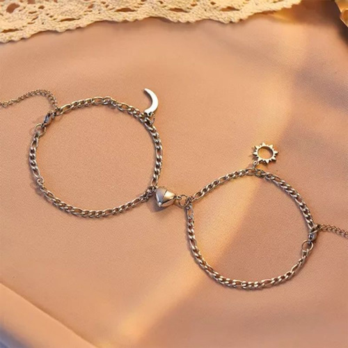 Pulsera Pareja Solar Y Luna Acero Inoxidable Mujer Color Plata Qyju