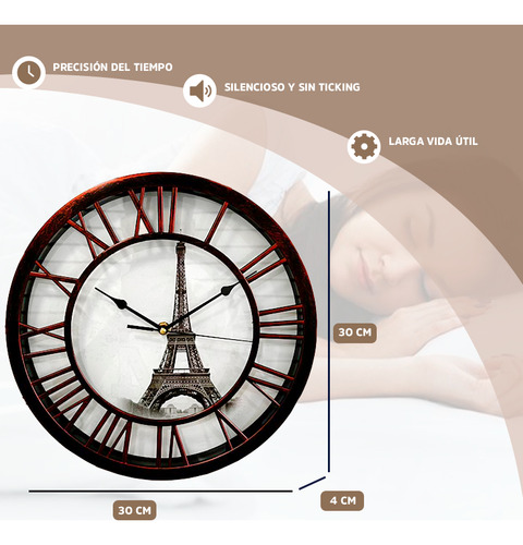 Reloj De Pared 30 Cm Grande Moderno Diseño Torre Eiffel Bordó Blanco