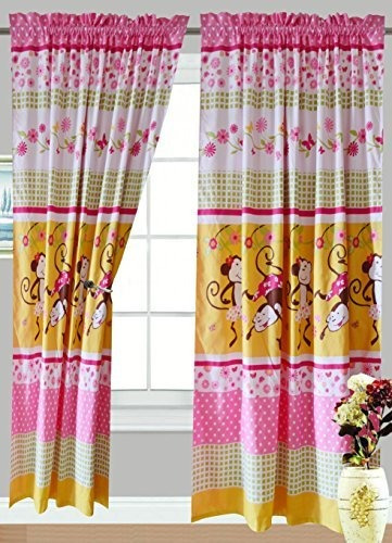 All American Collection 4 Piece Pink Monkey Curtain Set , Ma