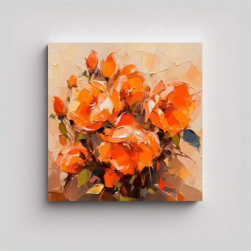60x60cm Cuadro De Flores Naranjas En Pintura Sobre Lienzo