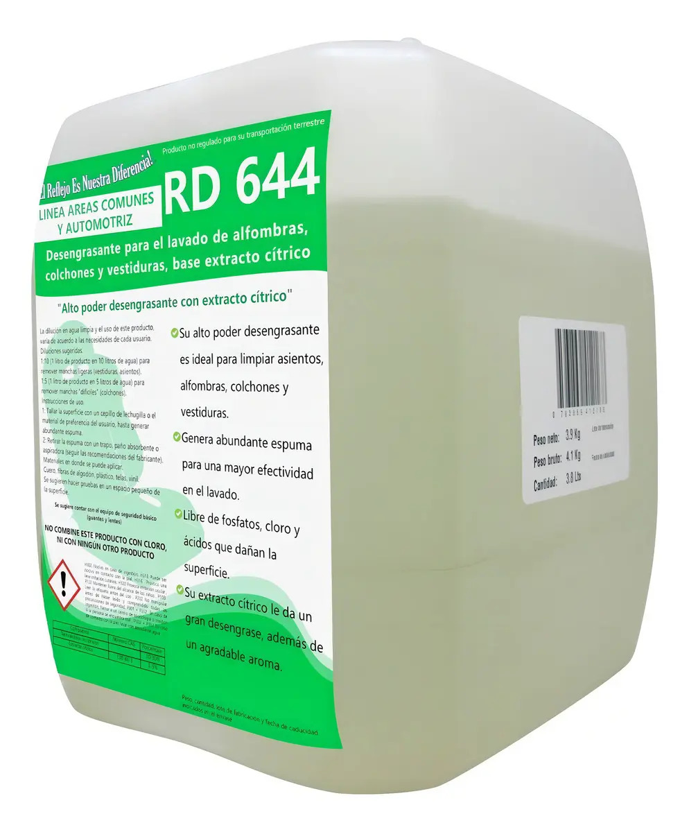 Detergente Limpia Tapicería Asientos Vestiduras Colchones Y Tela El Reflejo Es Nuestra Diferencia Rd 644 Línea Automotriz Base Cítrico Fácil Enjuague Galón 3.8 Lts 1 Pieza