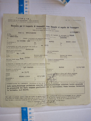 Documento Naviera Mercante Embarque Automovil 1966