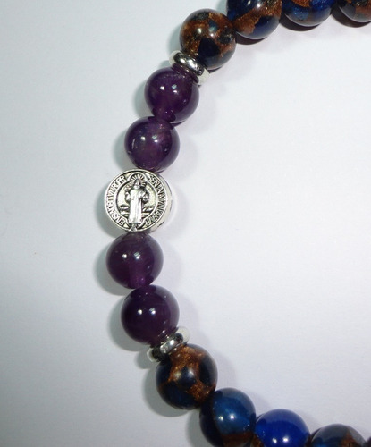 Pulsera San Benito Piedra Amatista Y Ojo De Tigre Azul