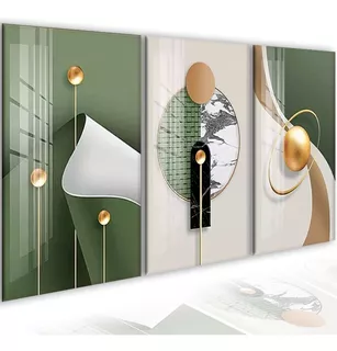 Quadros Decorativos Abstrato Geométrico Gold Green Sala 3 Pç