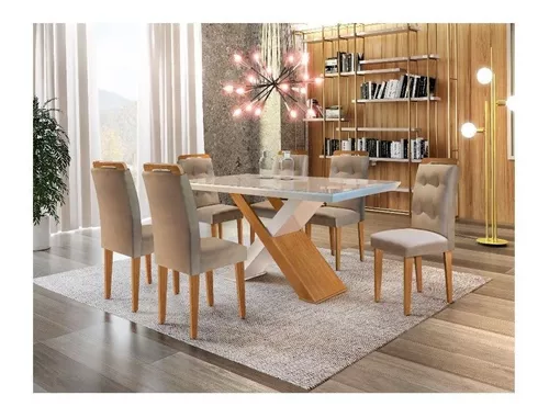 Conjunto de Mesa de Jantar com Vidro e 6 Cadeiras Imperatriz