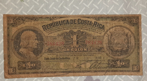 Billete 1 Colón Costa Rica Escudo De Armas Muy  Escaso 