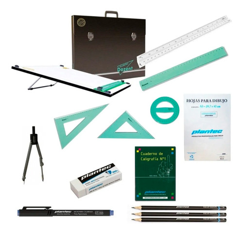 Kit Completo Tablero Dibujo Tecnico Dozent 50x60 Escuadras