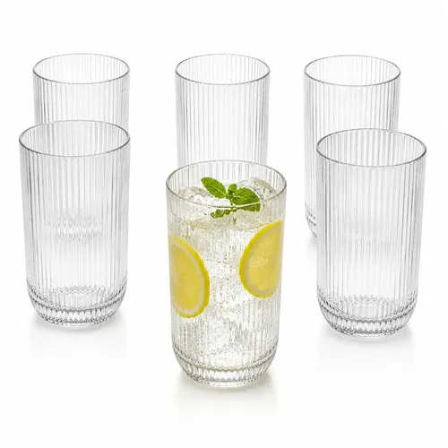 Jogo 6 Copos de Vidro Canelado 420ml Transparente Vidro Grosso Premium Resistente para Água Suco Refrigerante Drinks Whisky Gin Caipirinha Mesa Posta Cozinha ​Bar Restaurante Elegante