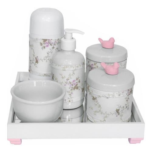 Kit Higiene Bebê Porcelanas Bandeja Completo Flor Liz Rosa Cor Passarinho