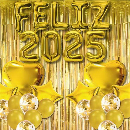 Kit Balões Metalizados 2025 Dourado 82cm Com Canudo - Yoss