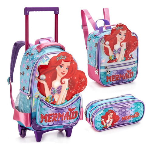 Kit Mochila Infantil Sereia Feminina Escolar Com Rodinhas