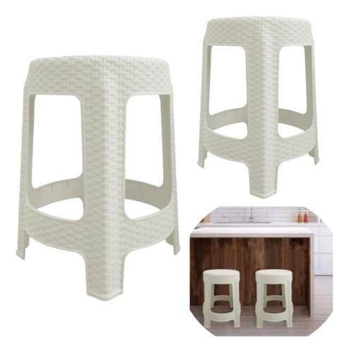 Kit 2 Banquetas De Plástico Branca Premium Rattan 45 Cm