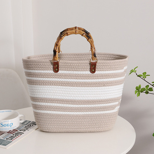 Bolsos De Playa De Moda Con Mango De Bambú, Algodón Tejido A