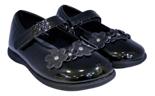 Zapato Mafalda Negro Charol Flores Para Niña Rachel Shoes