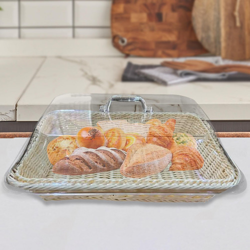Cesta De Pan Tejida Con Tapa, Soporte 35cmx25cmx15cm Beige