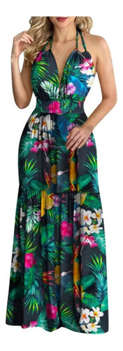 Vestido De Mujer Con Estampado Tropical Sin Espalda Halter