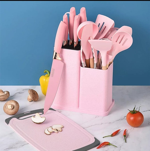Utensilios De Cocina De Silicona Cuchillos Cucharas Tabla Rosa