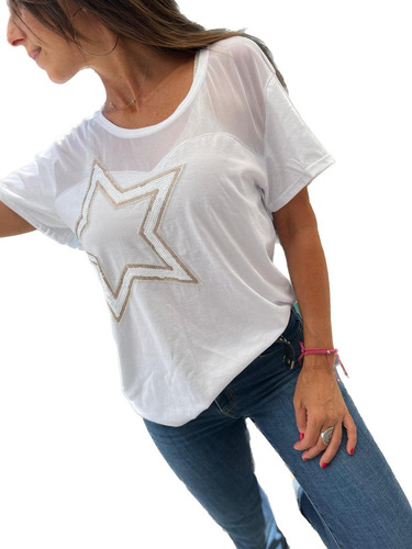 Remera Bordada Lentejuelas Mujer- Tg Tul Estrella Costado