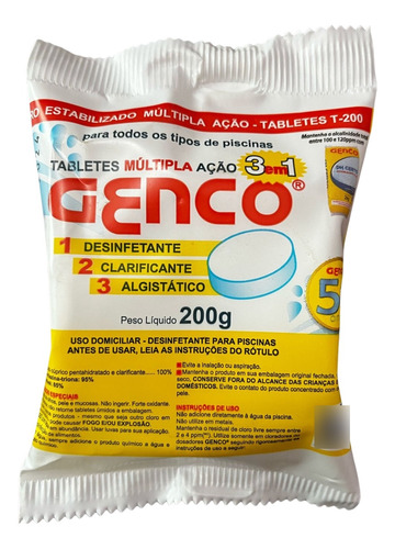 Pastilha Cloro Piscina Multi Ação 3 Em 1 Tablete Genco 200g